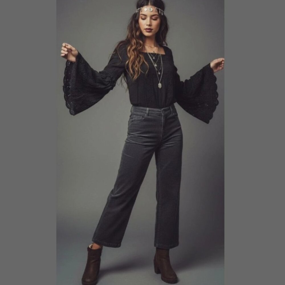 Free People Black Dreams Like These Eyelet Lace Embroidered Bodysuit Size Medium